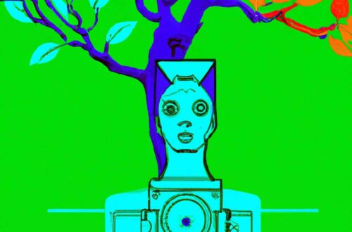 Illustration mit einem Baum, einer Frau davor und vor der Frau eine Kamera.