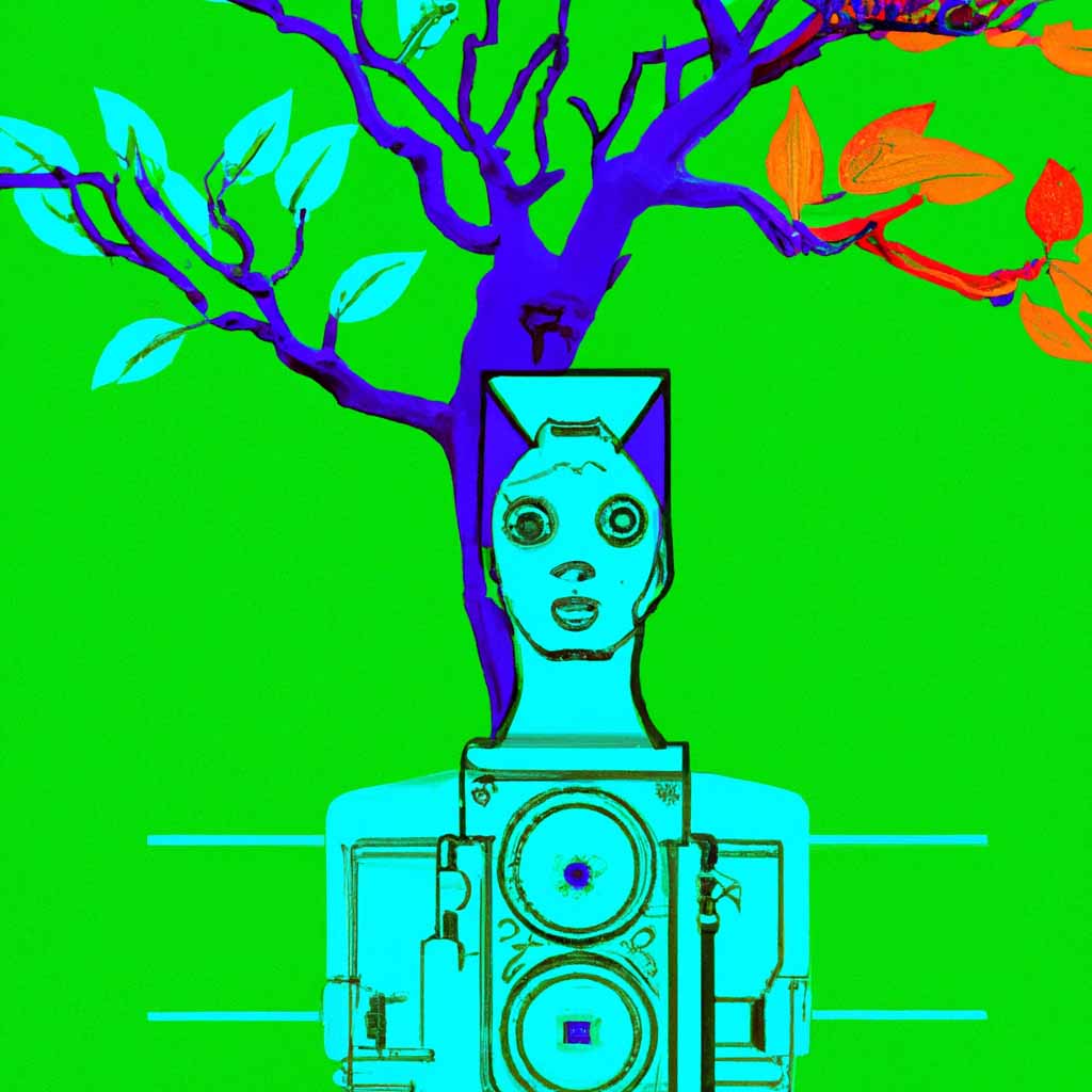 Illustration mit einem Baum, einer Frau davor und vor der Frau eine Kamera.